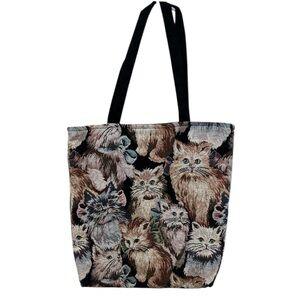 Cat Tapestry Tote Bag with Black Straps